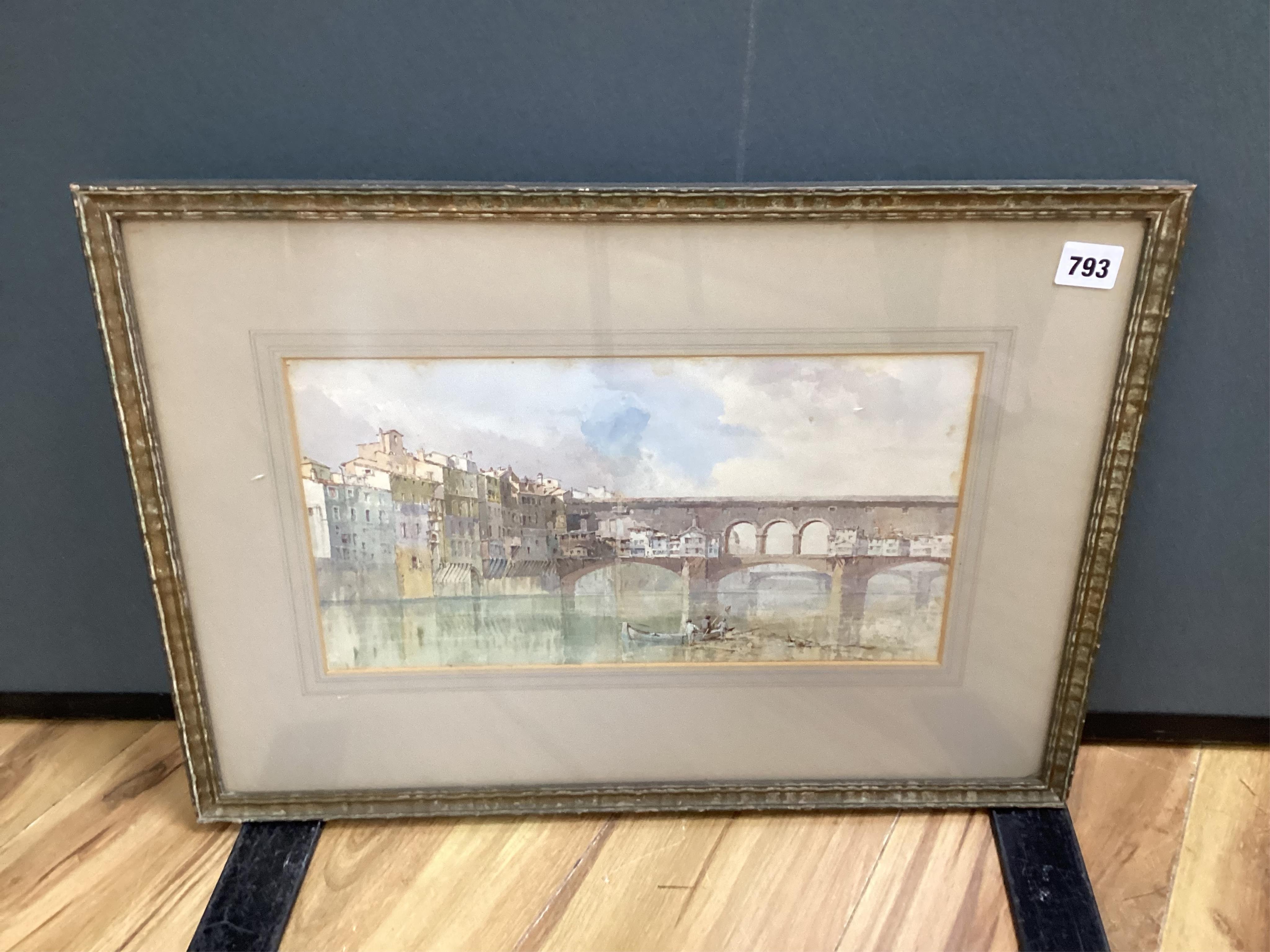 Benjamin John Merifield Donne (1831-1928) Continental riverscape with bridge, signed, watercolour, 19 x 36cm